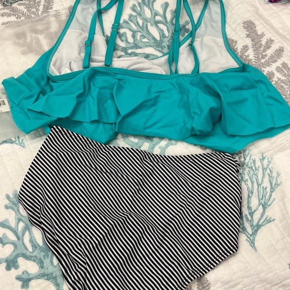 FITGLAM tankini style two piece - stylish black stripe with teal - size S - Picture 2 of 3